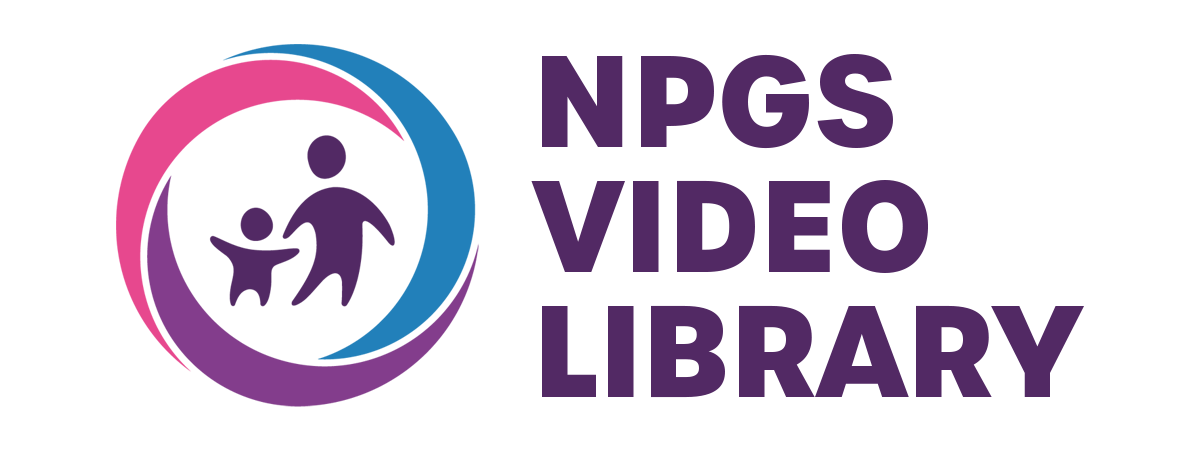 The logo for the npgs video library shows a person holding a child in a circle.
