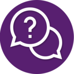 Two speech bubbles with a question mark inside of them in a purple circle.