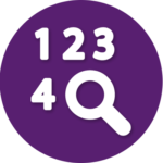 A purple circle with the numbers 123 and 4q and a magnifying glass.
