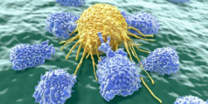 A computer generated image of a cell surrounded by blue and white cells.