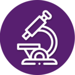 An icon of a microscope in a purple circle.