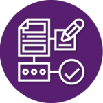 A purple circle with a pencil and a check mark in it.