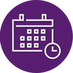 An icon of a calendar and a clock in a purple circle.