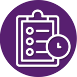A clipboard with a clock on it in a purple circle.