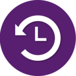 A purple circle with a white arrow and a clock inside of it.