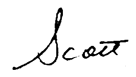 A black and white signature of scott on a white background.