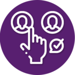 A purple circle with a hand pointing at three people and a check mark.