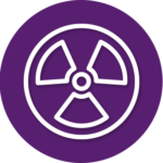 A white nuclear symbol in a purple circle.