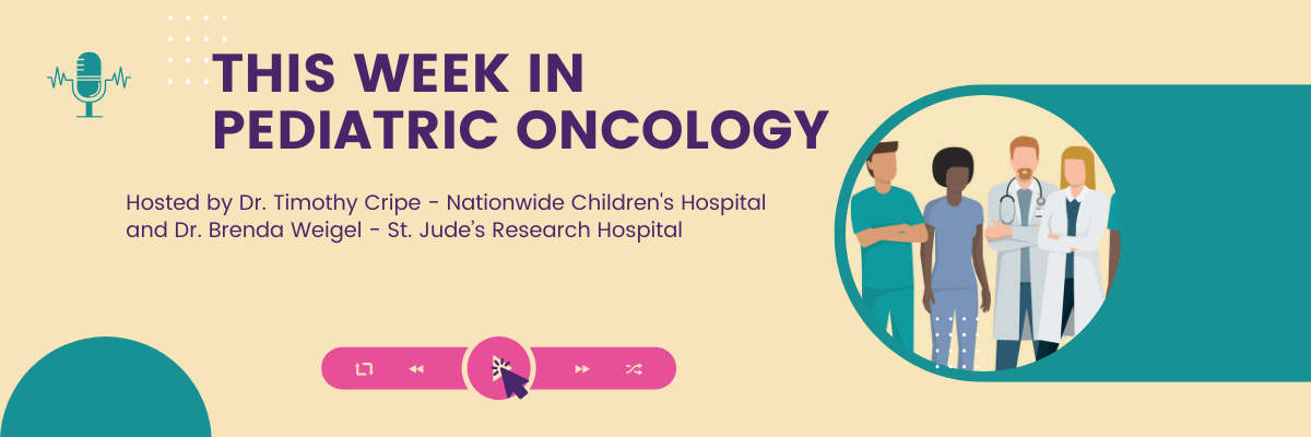 A banner for this week in pediatric oncology with a group of doctors and nurses standing next to each other.