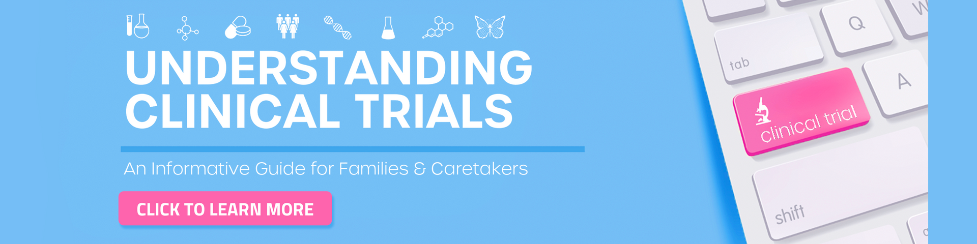 A blue background with a keyboard and the words `` understanding clinical trials ''