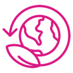 A pink icon of a globe with an arrow pointing to it.