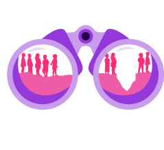 A pair of binoculars with a group of people looking through them