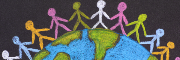 A group of stick figures are holding hands around a globe.