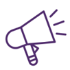 A purple line drawing of a megaphone on a white background.