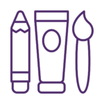 A purple icon of a pencil , a tube of paint , and a brush.