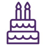 A purple icon of a birthday cake with three candles.