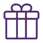 A purple gift box with a white bow on a white background.