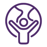 A purple icon of a person holding a globe.