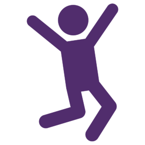 A purple icon of a person jumping in the air with their arms outstretched.