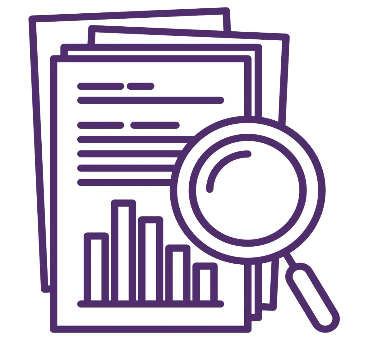 A magnifying glass is looking at a stack of papers and a graph.