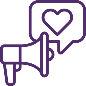 A purple icon of a megaphone with a heart in a speech bubble.