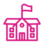 A pink school building with a flag on top of it.