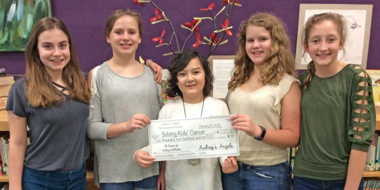 A group of young girls are standing next to each other holding a check.