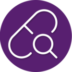 A purple circle with a magnifying glass inside of it.