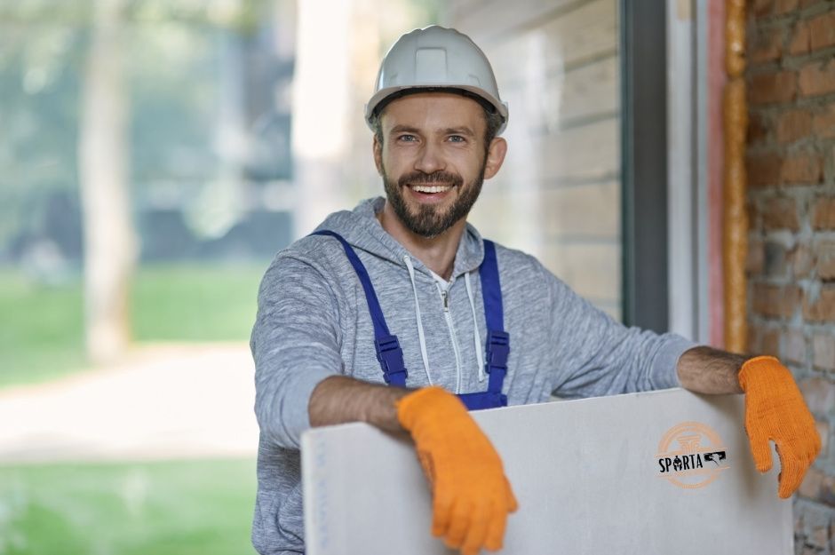 A drywall company worker in hard hat and overalls smiles while holding a large white drywall sheet with orange work gloves. He stands on a residential construction site with wooden framing and natural lighting from windows behind him near N Turquoise Dr, and N Tamarax Dr, Eloy, AZ.