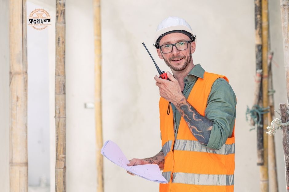 A drywall company worker wearing glasses and an orange hi-vis vest, holds a two-way radio while standing in an unfinished residential construction space with exposed wall framing near N Litchfield Knolls E, and N Greentee Dr E, Litchfield Park, AZ.