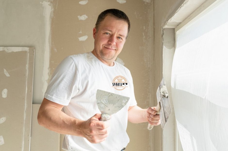 A skilled drywall contractor is holding a specialized finishing tool during a residential wall installation project in Prescott, AZ. The professional worker is in a partially completed interior residential space featuring drywall panels and finishing work in Prescott Valley Business Park, Arizona.