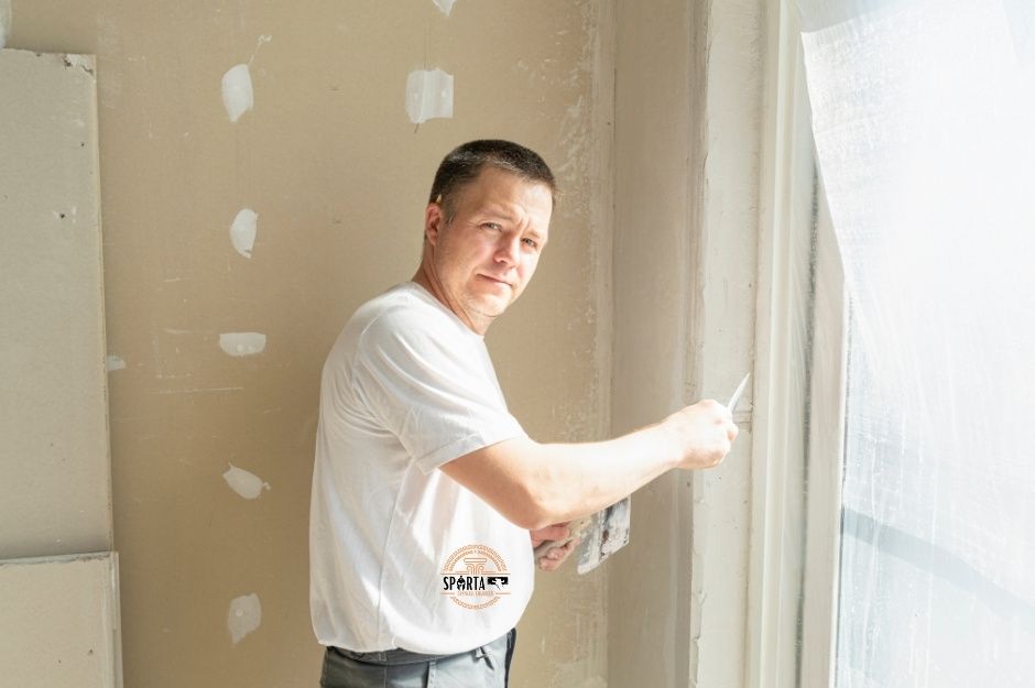 A professional drywall contractor in a white shirt working on wall installation in a Rio Verde, Arizona home. The worker is finishing drywall panels with visible joint compound patches in what appears to be a residential project in Tonto Verde, Rio Verde, AZ.