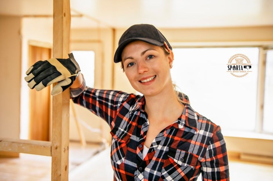 A drywall company worker in a plaid shirt and hard hat leans casually against wooden framing while smiling in a bright residential construction space with exposed wooden studs and white drywall panels visible in the background near W Purdue Ave, and N 115th Dr, Youngtown, AZ.