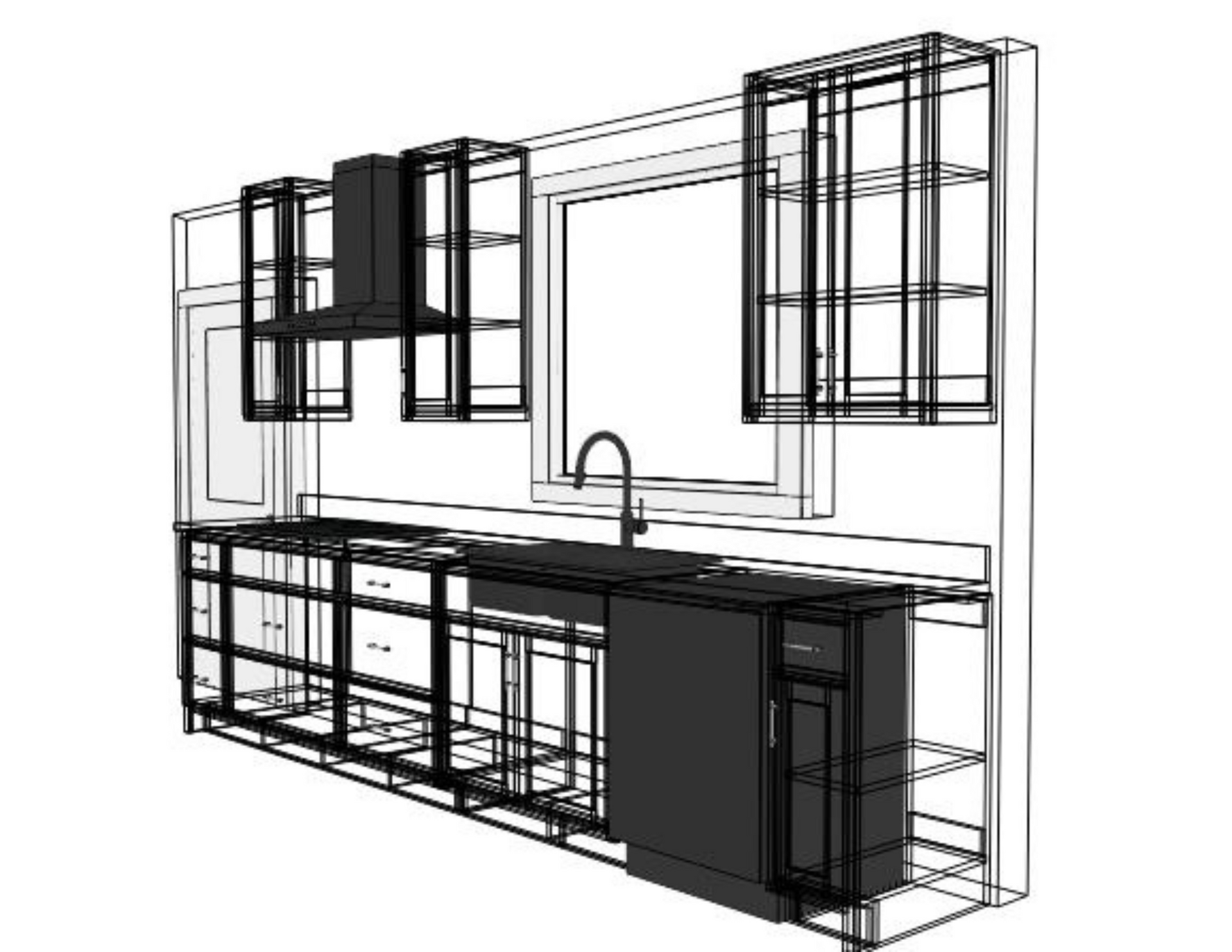 A black and white drawing of a kitchen with cabinets and a sink.