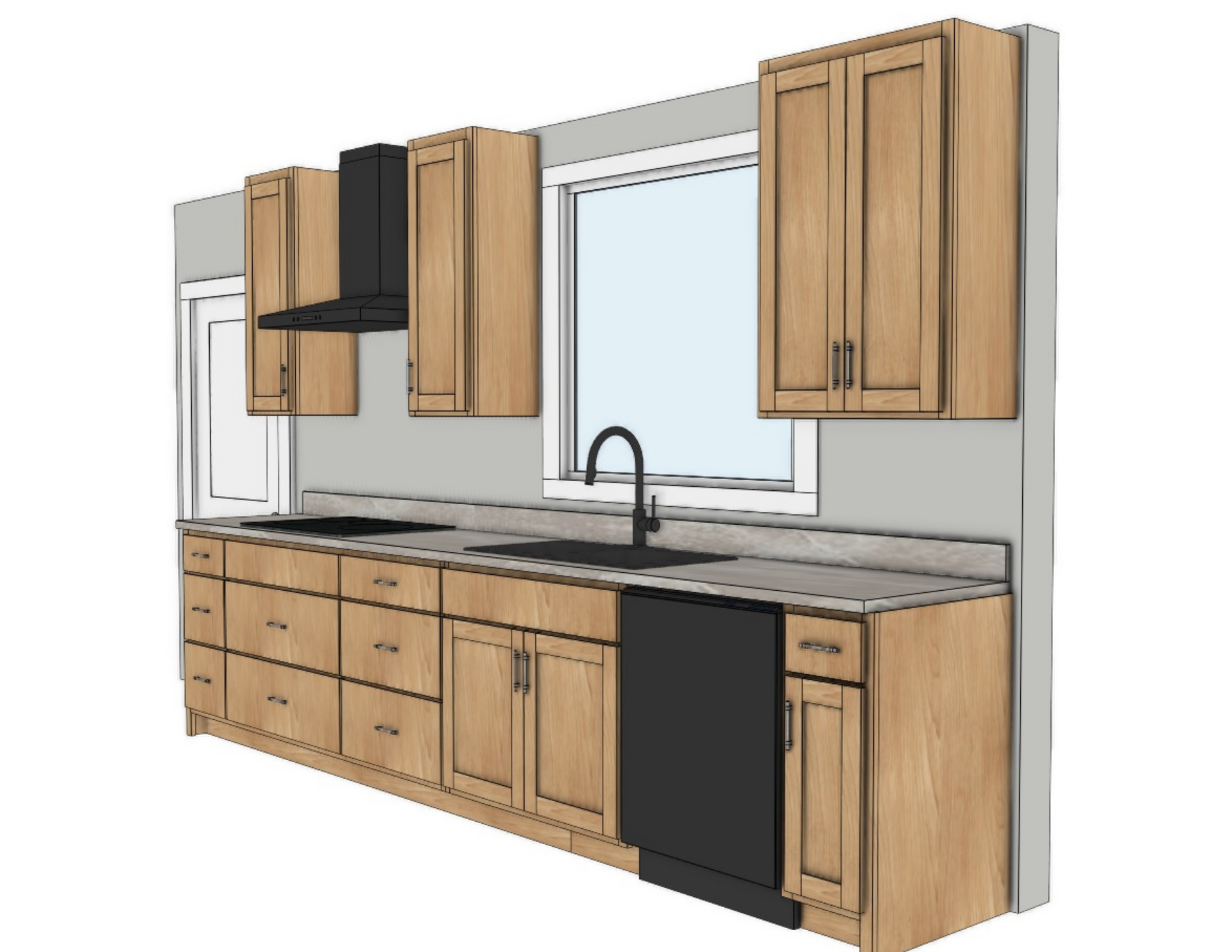 A kitchen with wooden cabinets and a black dishwasher