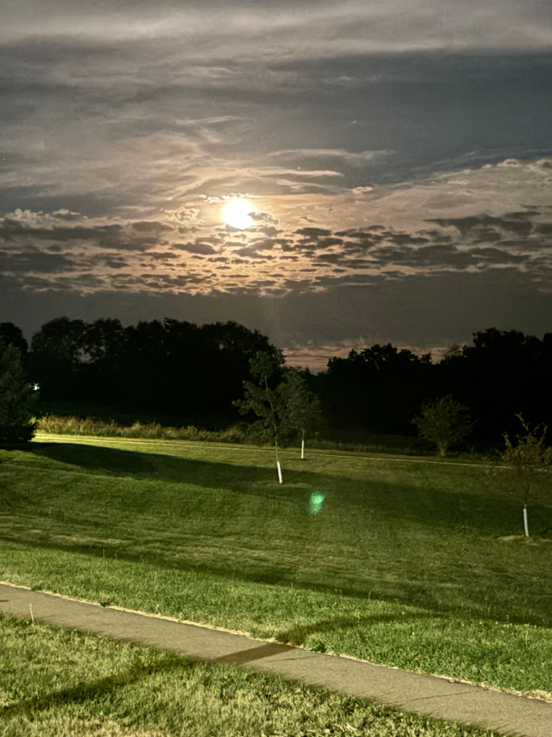 A full moon is shining through the clouds over a park at night.