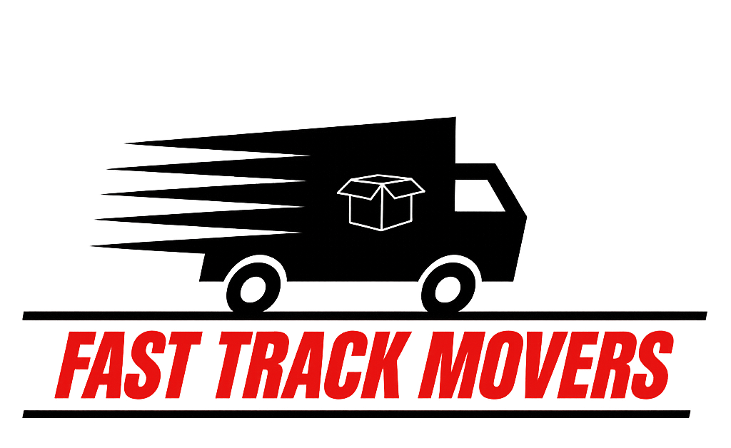 The logo for fast track movers shows a delivery truck with a box on the back. The logo for fast track movers shows a delivery truck with a box on the back.