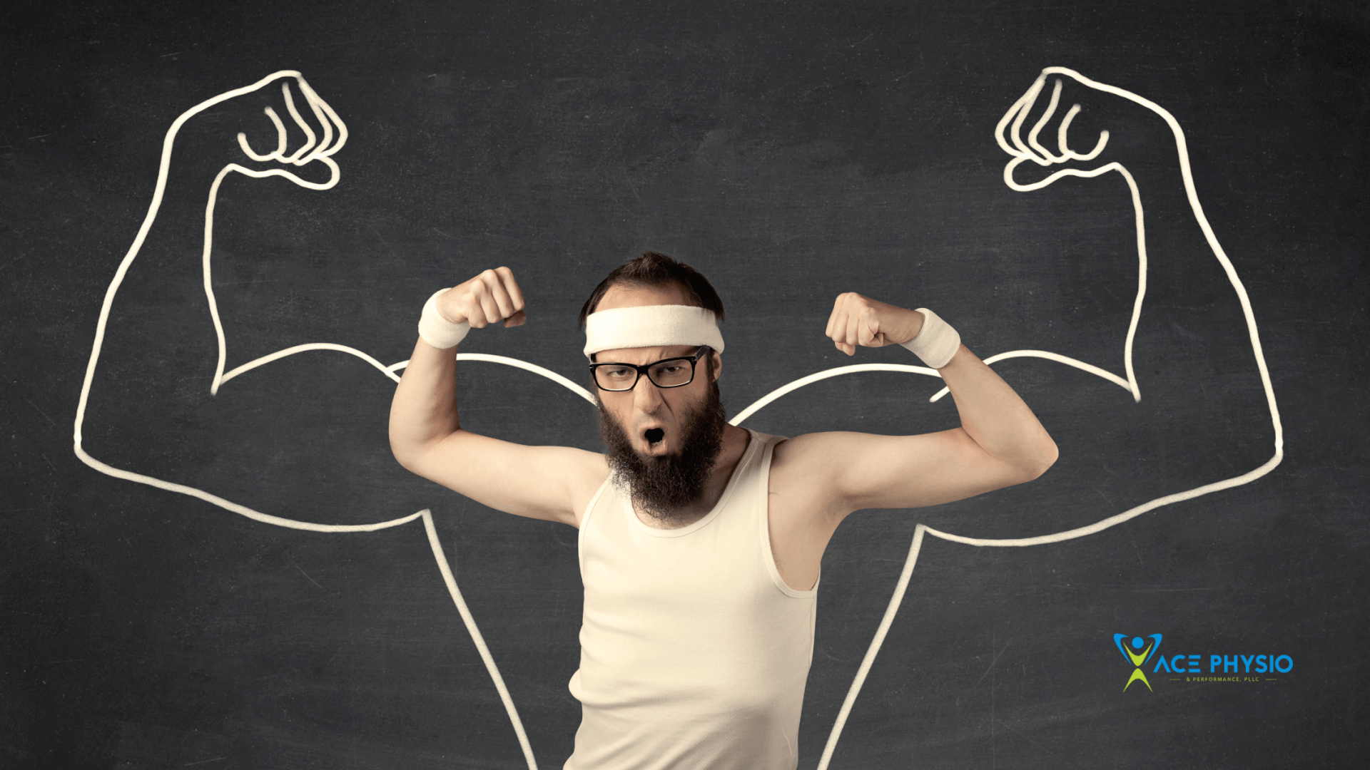 A man with a beard is flexing his muscles in front of a chalkboard drawing of his arms.