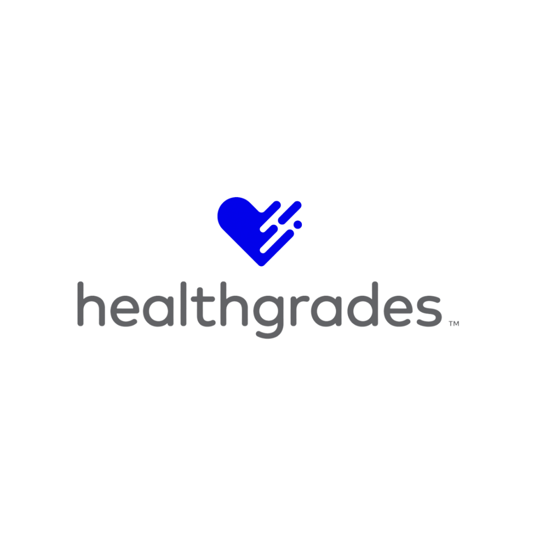 A logo for healthgrades with a blue heart on a white background.