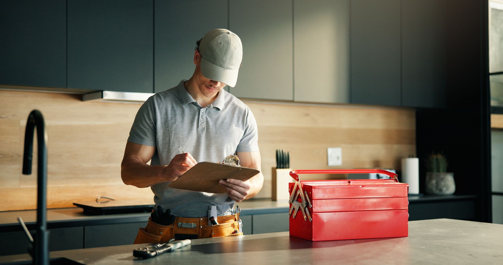 Person in a kitchen wearing a chef’s hat, preparing food beside a red toolbox on the counter.