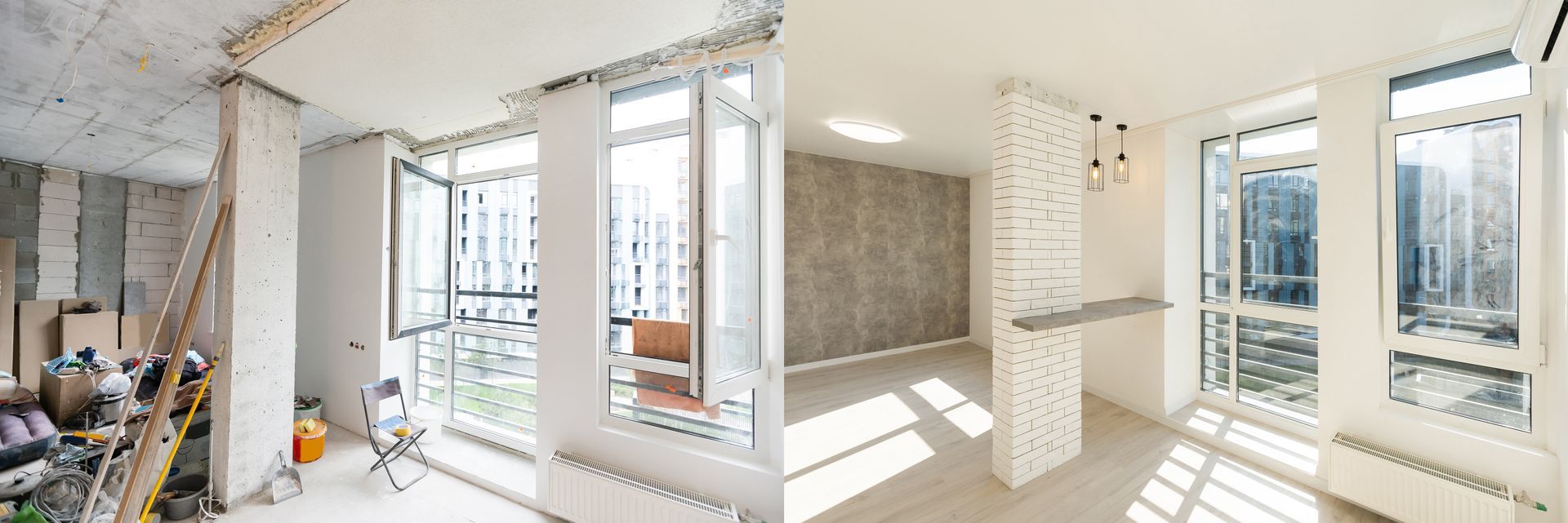 Bright, unfinished apartment interior with large windows, white walls, and exposed construction materials