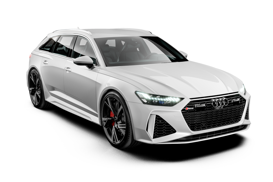 White Audi sedan on a white background, angled front view, with black wheels and red brake calipers