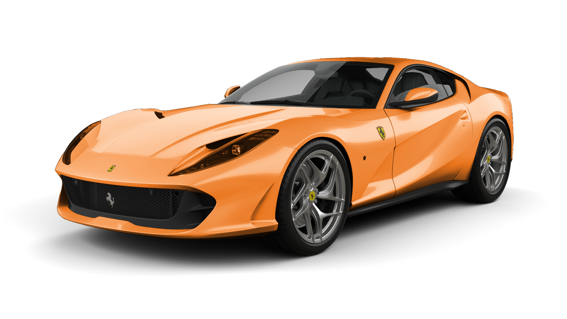 Orange sports car on a white background, angled front view