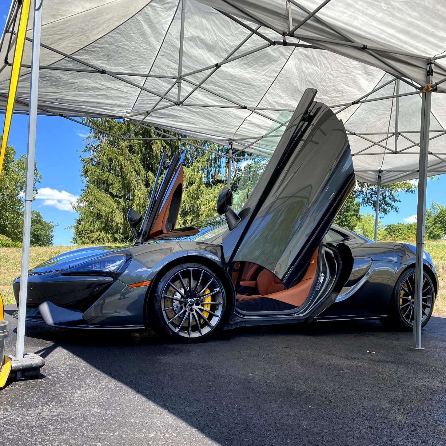 Dark gray sports car with scissor doors open under a white canopy on a sunny day.
