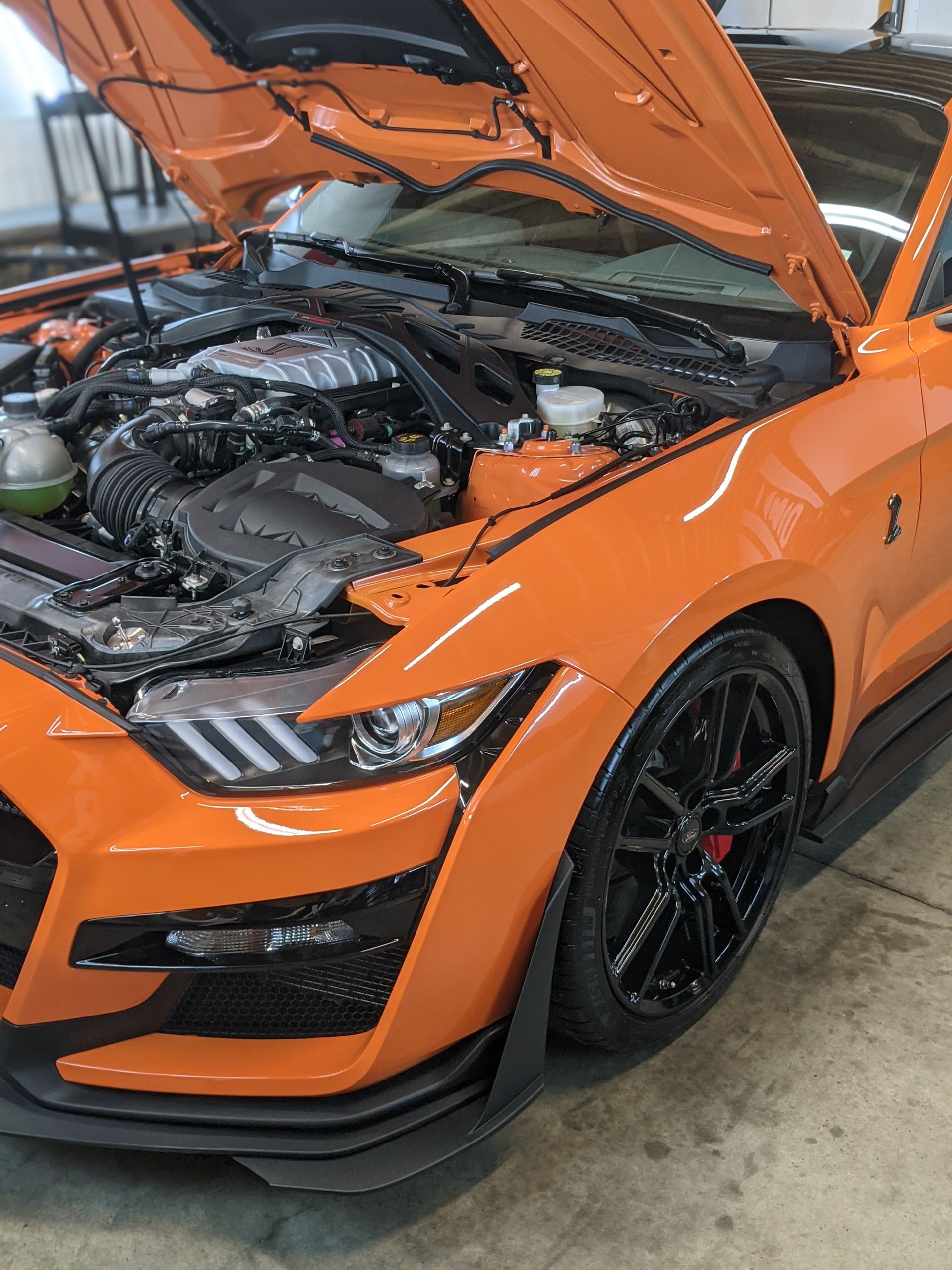 Orange sports car with hood open, showing the engine in a garage