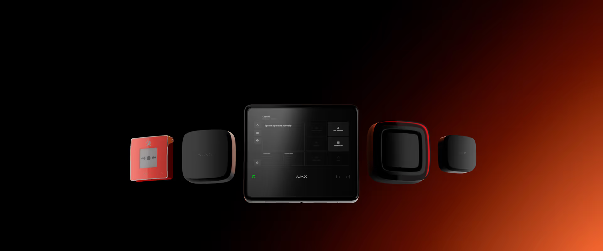 A Central Tablet Screen Is Flanked By Various Black And Red Smart Home Devices Against A Gradient Black And Orange Background — Cussler NQ in Mackay, QLD