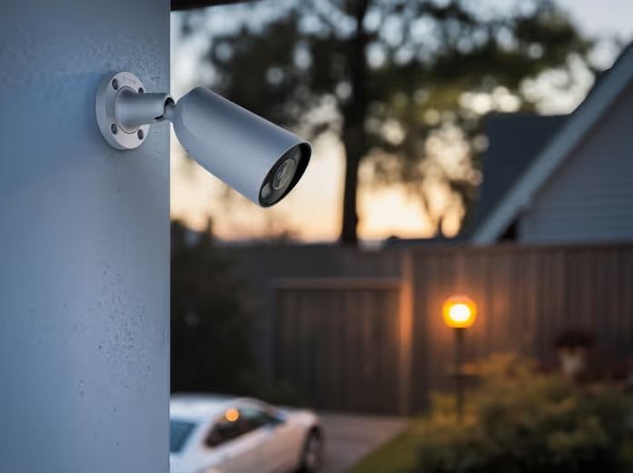 Security Camera Mounted on a Wall, Overlooking a Driveway With a Car and a Lit Lamp Post — Cussler NQ in Cannonvale, QLD