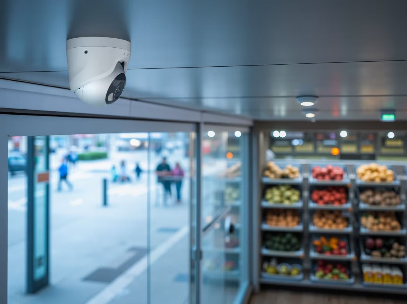 Security Camera Inside a Store, Overlooking an Entryway. Shelves of Produce Are Visible — Cussler NQ in Airlie Beach, QLD