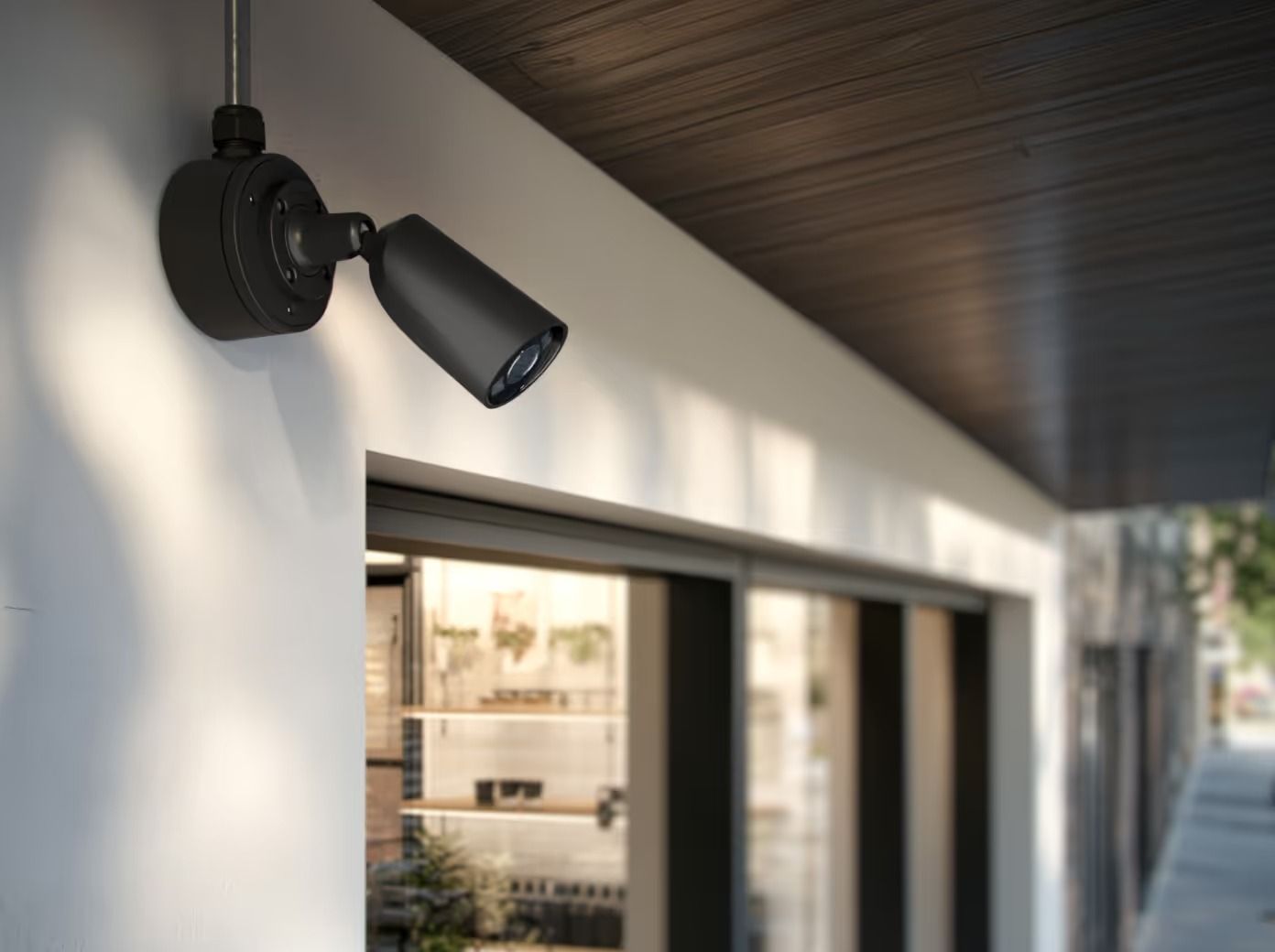 Black Spotlight Mounted on a White Wall, Angled Towards Glass Doors — Cussler NQ in Hamilton Island, QLD
