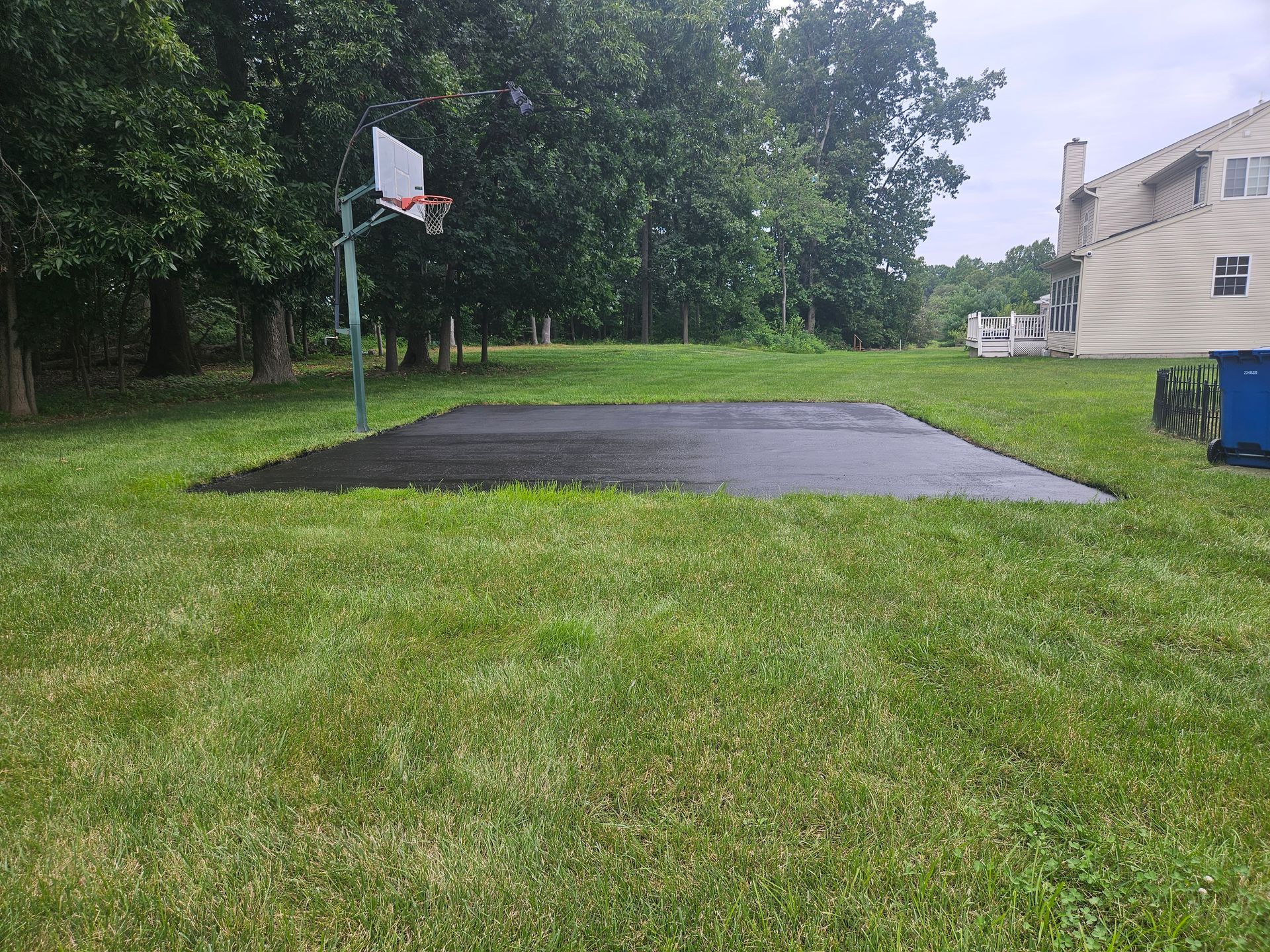 A small, rectangular asphalt basketball court sits in a grassy backyard next to a residential house and trees.